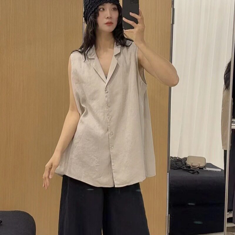 日系汉麻无袖西服上衣女夏季新款复古文艺宽松百搭老钱风衬衫外套