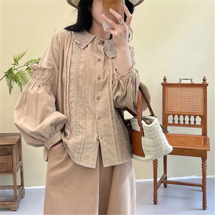 日系森系细条灯芯绒衬衫女秋季新款宽松百搭风琴褶拼木耳边上衣女