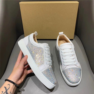 时尚新款平底小白鞋情侣款休闲鞋系带真皮水钻白钻低帮鞋男女鞋潮
