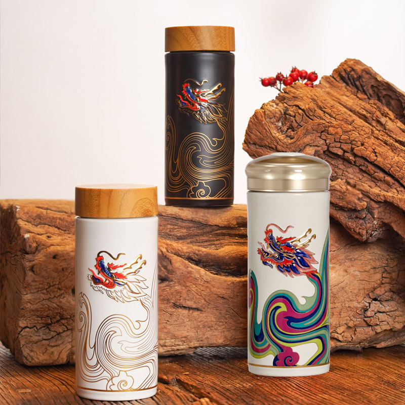 乾唐轩活瓷彩云龙双层带盖随手杯生肖龙年新品定制陶瓷礼品水杯子