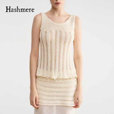 胡可的买手店 Hashmere26春夏竖纹镂空手工串珠法式度假背心女