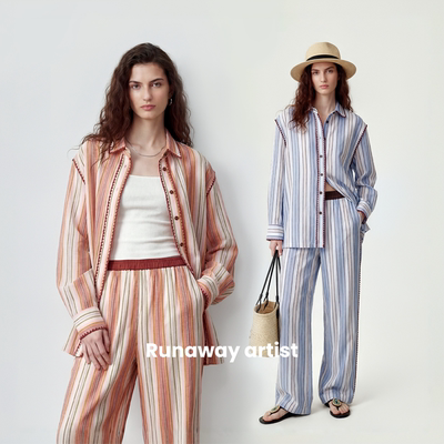 胡可的买手店 胡可同款Runaway artist贝壳绣条纹休闲外穿套装