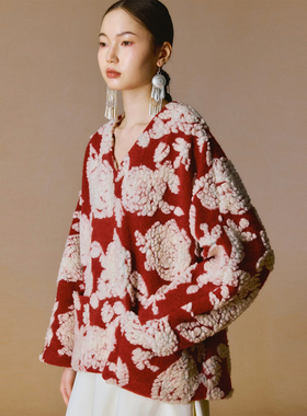 胡可的买手店 YUANYE园野 新春红色羊毛立体提花v领廓形上衣外套