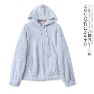 D6932外贸欧美单女士毛绒上衣冬季新款连帽套头宽松胖MM纯色绒衫