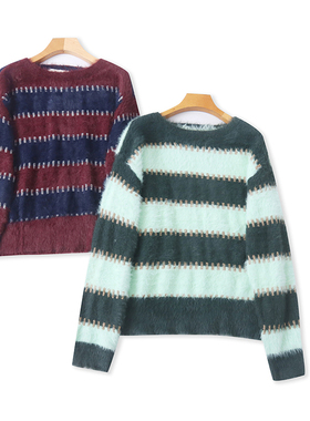 N4936外贸欧美女士毛衣新款圆领拼色复古风时尚马海毛休闲针织衫