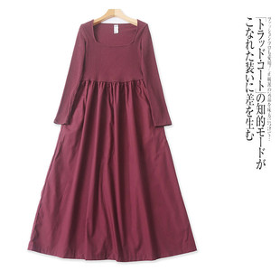 H6032外贸欧美单女士连衣裙新款 拼色方领套头高腰显瘦气质长裙