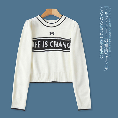 GG7096外贸日单学院风女生毛衣新款圆领拼色宽松显瘦短款针织衫