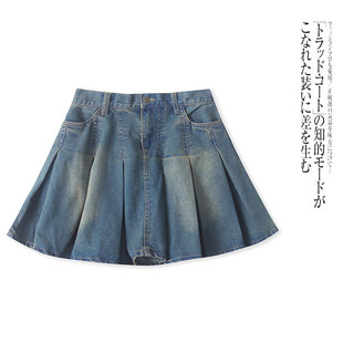 G3578外贸日单女生牛仔短裙新款 半松紧腰显瘦百褶裙甜美半身裙
