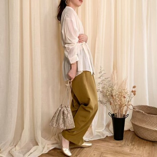 长裤 半松紧腰高腰宽松通勤风纯色直筒裤 新款 外贸日单女士休闲裤