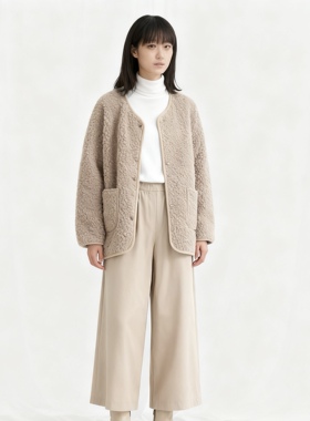 JJ0236外贸日单女士毛绒外套秋冬新款半圆领羊羔毛宽松开衫上衣