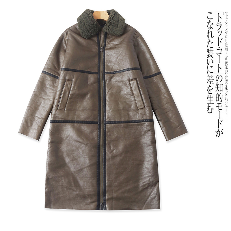 G5606外贸欧美女加绒皮大衣冬款毛翻领拉链拼色宽松长款保暖外套