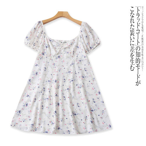 AA9630外贸欧美女士短袖连衣裙夏季新款方领修身复古碎花中长裙