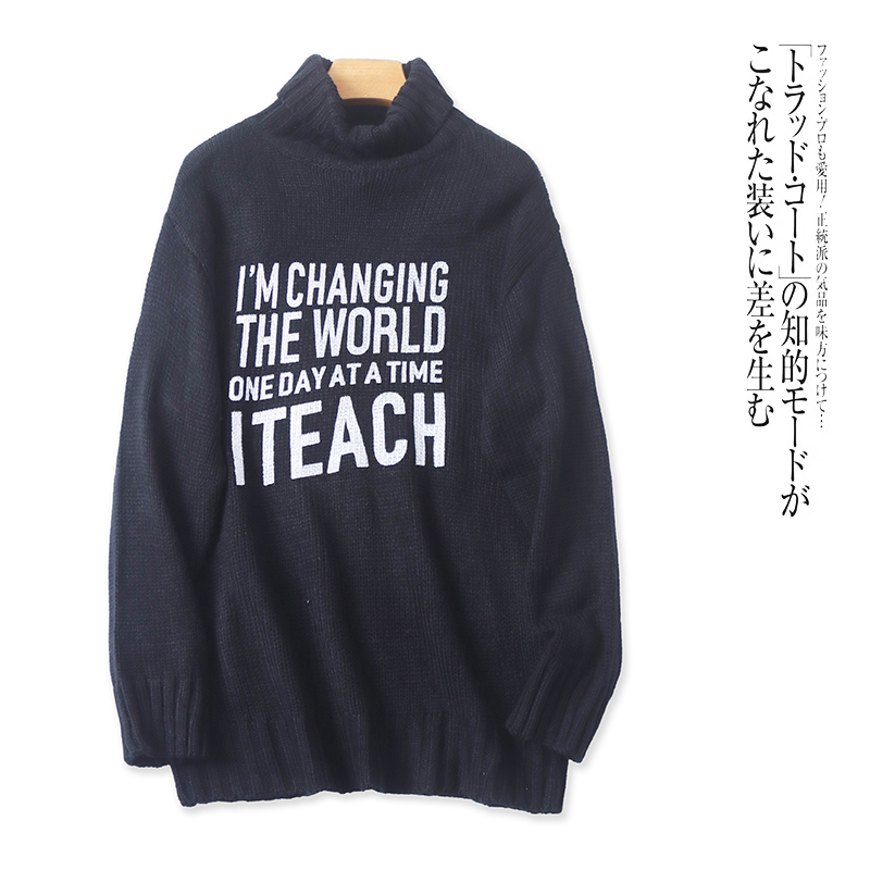 外贸韩版女生毛衣冬季新款高领套头字母印花宽松中长款时尚针织衫