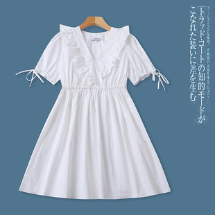 V8451外贸时尚女生连衣裙夏季新款V领花边收腰甜美减龄中长裙