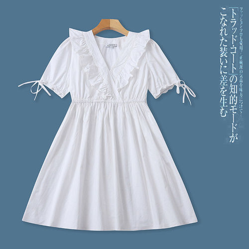 V8451外贸时尚女生连衣裙夏季新款V领花边收腰甜美减龄中长裙