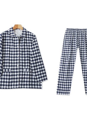 V8755女装家居服套装两件套新款翻领纽扣格子睡衣松紧腰睡裤