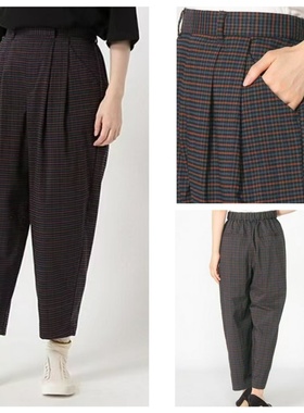 L0953外贸欧美单女士休闲阔腿裤秋季新款半松紧腰格子宽松直筒裤
