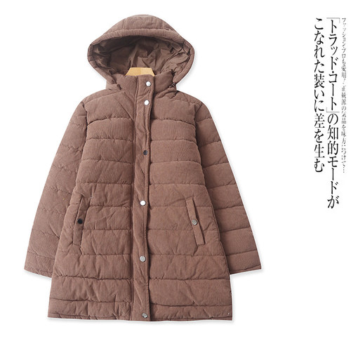 C8540外贸欧美单女士棉衣冬季新款立领连帽灯芯绒款式中长款棉服