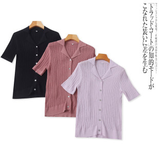 FF9797外贸欧美女士短袖薄款针织衫新款翻领排扣修身凉感上衣