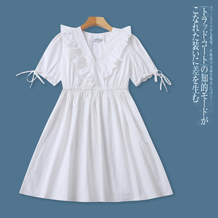 V8451外贸时尚女生连衣裙夏季新款V领花边收腰甜美减龄中长裙