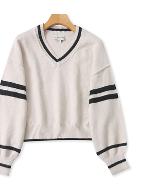 U6565外贸欧美女生宽松毛衣新款V领拼色时尚显瘦松弛感短款针织衫