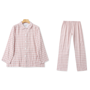 B7530女士格子睡衣套装新款翻领纽扣上衣家居服松紧腰直筒睡裤