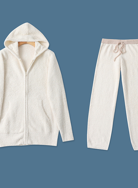 G5280外贸欧美毛绒家居服套装新款毛巾料连帽拉链睡衣松紧腰睡裤