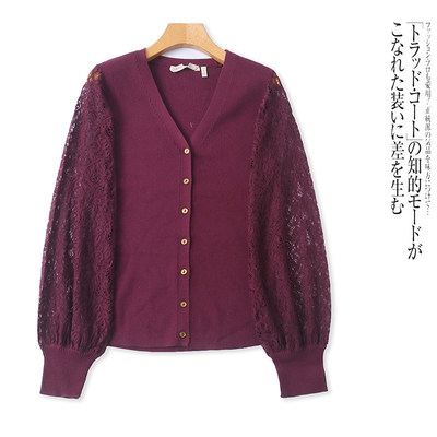 C4485外贸欧美单女士针织开衫新款V领单排扣拼蕾丝袖管百搭上衣