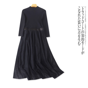 圆领长袖 新款 高腰显瘦气质针织拼网纱长裙 连衣裙秋季 外贸日单女装