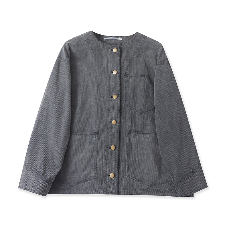 E4460外贸欧美单女灯芯绒外套新款半圆领纽扣宽松时尚休闲上衣