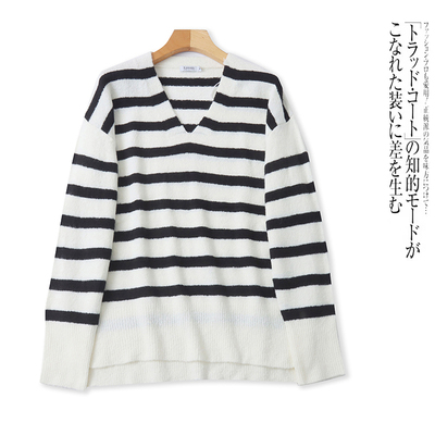 F4212外贸欧美单宽松毛衣新款V领套头条纹拼色气质休闲女装针织衫