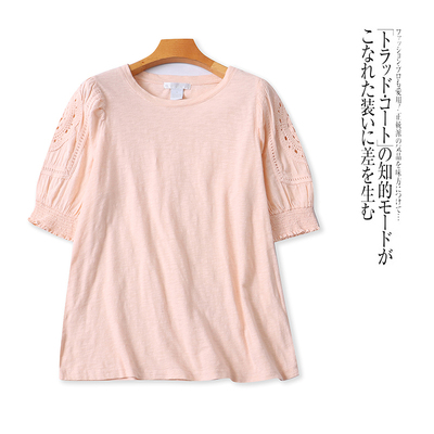 H9540外贸欧美单女士短袖T恤夏季新款圆领宽松甜美绣花泡泡袖上衣