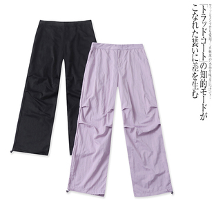O6363外贸欧美褶皱工装裤女夏季束脚两穿半松紧高腰宽松直筒长裤