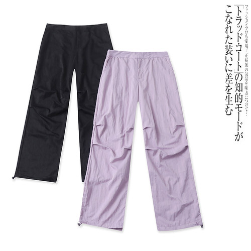 O6363外贸欧美褶皱工装裤女夏季束脚两穿半松紧高腰宽松直筒长裤