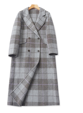 G4850女装羊毛大衣冬季新款翻领双排扣复古风格子拼色长款呢大衣