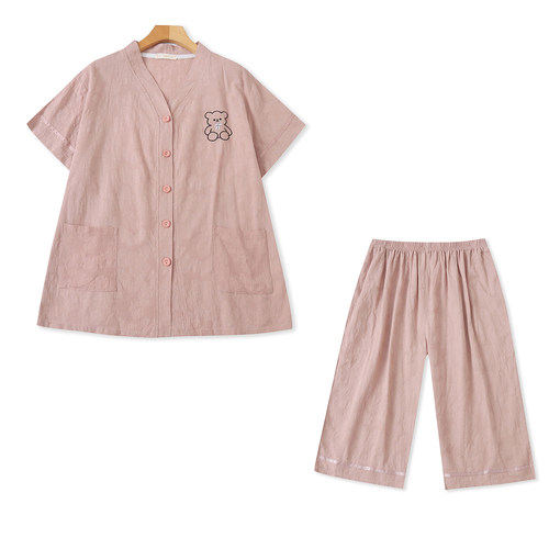 JJ2586外贸小熊刺绣V领开衫睡衣女新款短袖家居服宽松七分裤睡裤