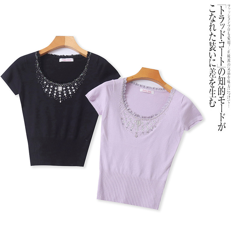 KK9964外贸日单女士短袖针织T恤夏季重工烫钻圆领修身短款上衣