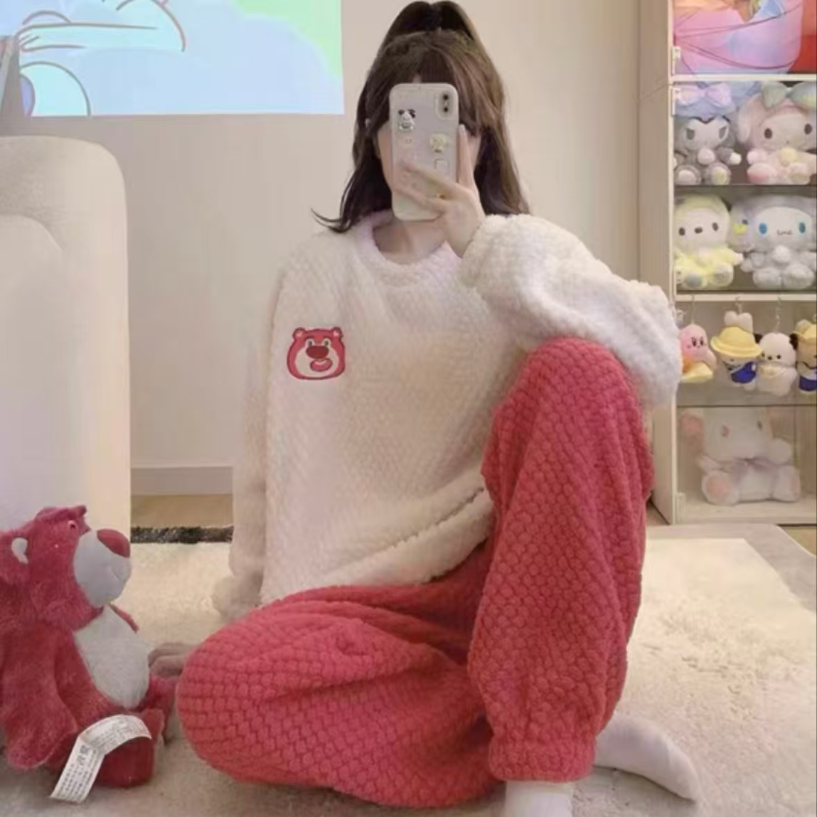 B5220女生可爱小熊拼色珊瑚绒家居服套装圆领套头睡衣法兰绒睡裤