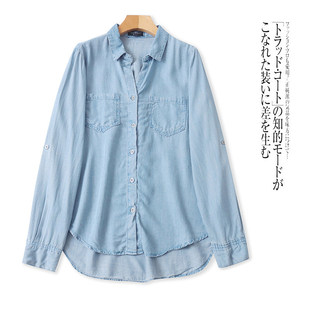 DD8595外贸欧美单复古牛仔衬衫春季新款翻领纽扣宽松中长款衬衣