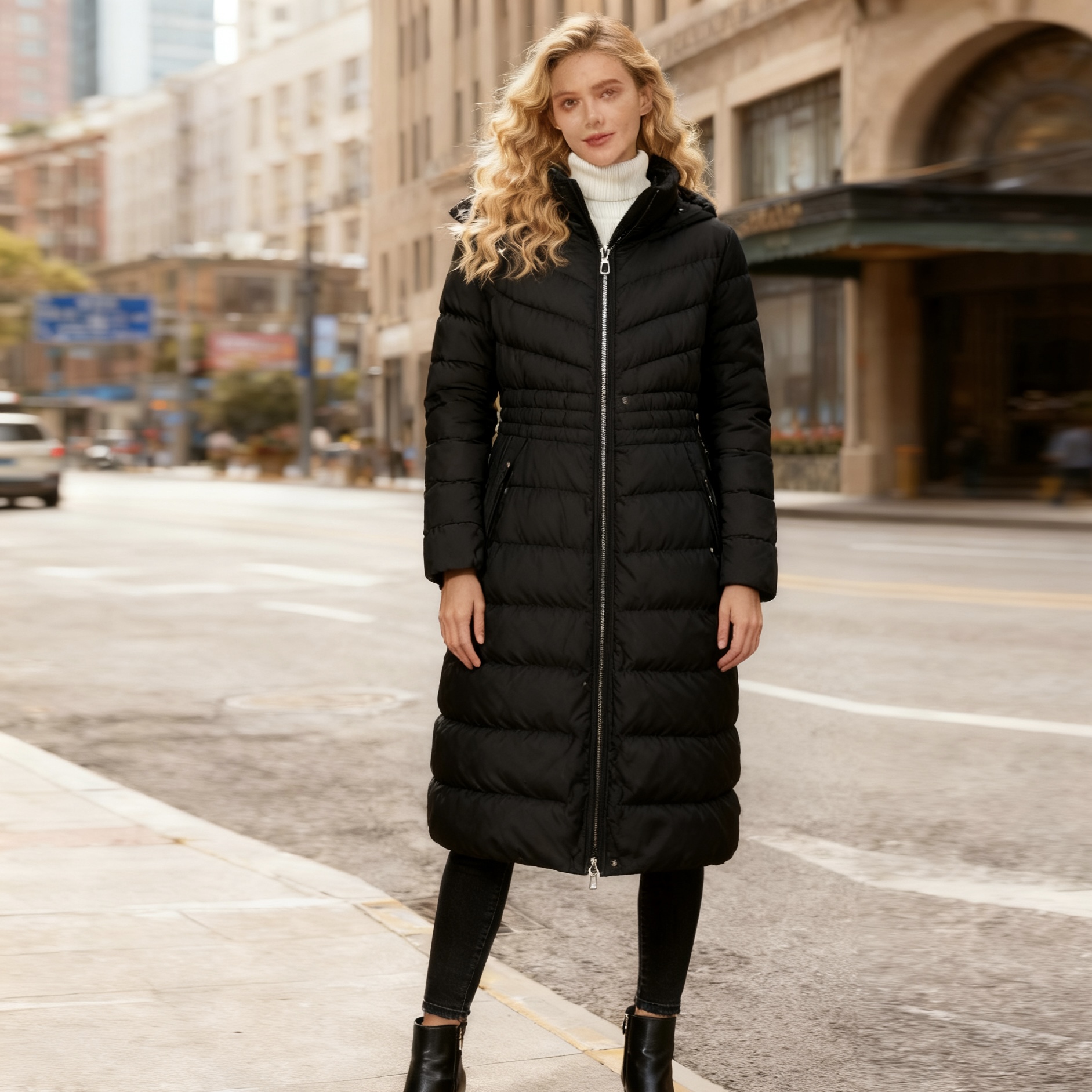 N9634外贸欧美单女士棉服冬季新款立领连帽修身中长款时尚棉服