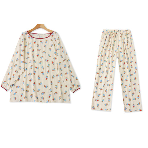 LL4521外贸卡通印花睡衣女新款长袖圆领宽松可爱家居服睡裤长裤