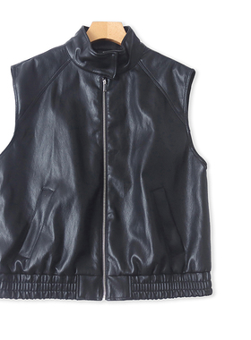 N4302外贸欧美女士皮马甲新款立领宽松无袖时尚潮流百搭坎肩马夹