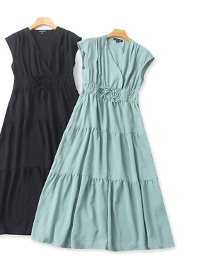 U4523外贸欧美单时尚气质连衣裙新款交叉V领高腰显瘦修身女装长裙