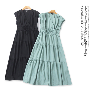 U4523外贸欧美单时尚气质连衣裙新款交叉V领高腰显瘦修身女装长裙