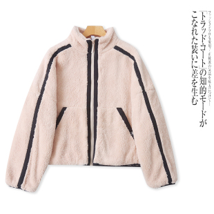 F8897外贸欧美单女士毛绒外套冬季新款立领拼色时尚加厚上衣