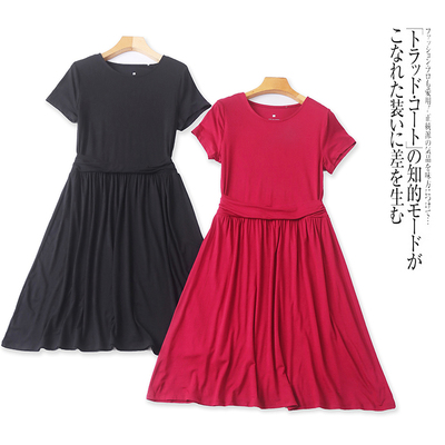 V8945外贸欧美女士短袖连衣裙春夏新款圆领收腰显瘦淑女风中长裙