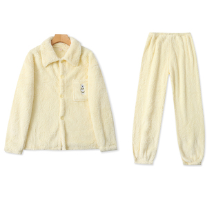 J4110外贸欧美女士毛绒家居服冬款翻领纽扣摇粒绒睡衣松紧腰睡裤