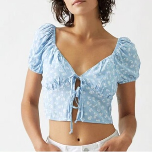 外贸日单女生短款上衣夏季新款一字领甜美印花修身高腰衬衫