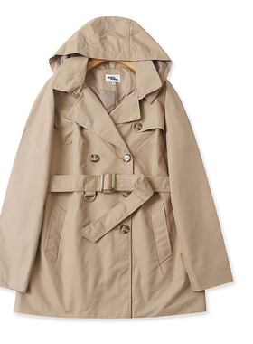 F2252外贸欧美单女士风衣春季新款翻领连帽双排扣气质中长款外套