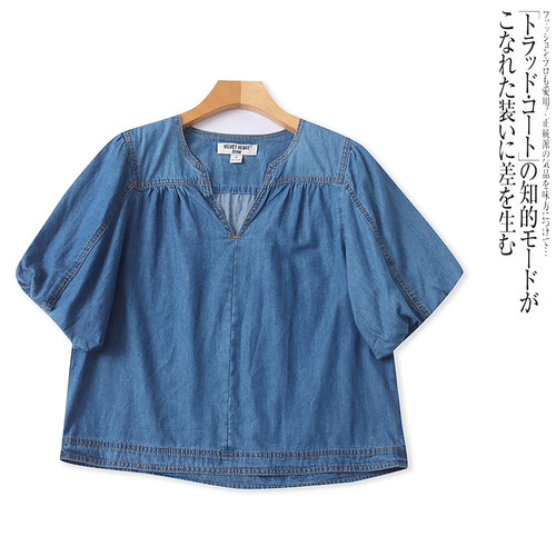 D1538外贸欧美单女士牛仔短袖衬衫夏季新款V领宽松韩版时尚上衣